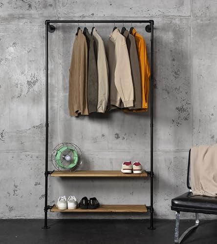 RSR Hangers Kleiderstange Garderobe Industrial Design Leo Schwerlast Kleiderständer Wand Flur offener begehbarer Kleiderschrank Schlafzimmer mit Eichenholz Ablage Breite 100 cm
