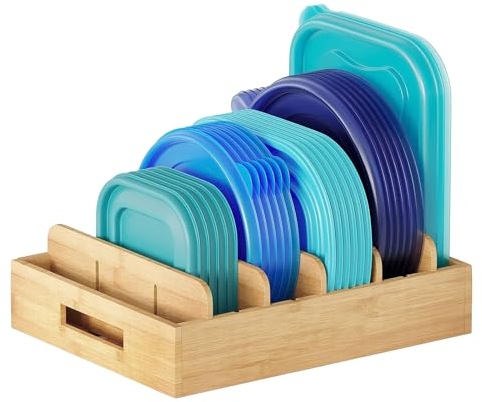 APOMOONS Range Couvercle en Bambou, Organisateur Tiroir Cuisine, Rangement Couvercle Casserole, Poêles & Boites Alimentaire avec 5 Séparateurs Réglables et Poignées