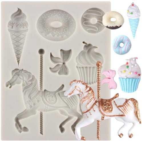 MINFEIDMS Moules à fondant en silicone en forme de cheval carrousel pour décoration de gâteaux, cupcakes, pâte à sucre, pâte polymère