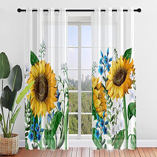 Surwin Stampa Girasole Tende per Interni, Tende a Vetro con Occhielli, 2 Pezzi Tende Camera da Letto, Tende Voile Semi Trasparenti, per Camera da Letto, Cucina, Soggiorno (107x244cm,Girasole 3)