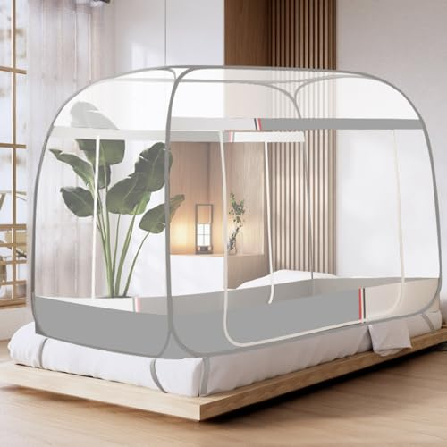 Moskitonetz Bett Pop Up, Faltbares Doppeltür Baldachin, Tragbares Insektenschutz für Schlafzimmer Outdoor Camping Reise, Moskito Campingzelt mit Unterseite für Erwachsenenbett 200x180x165cm (Grau)