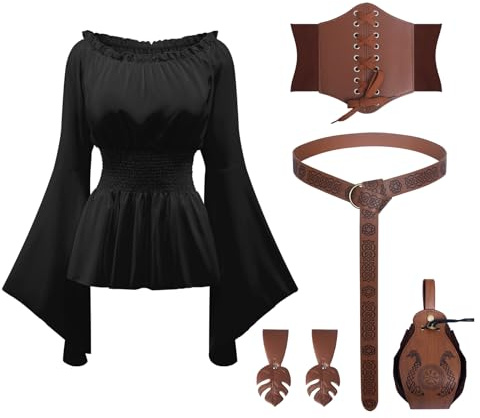 YRTBGD Piratenkostüm Mittelalter Kleidung Damen Vintage Bluse mit Korsett Gürtel Gürteltasche für Halloween Karneval (Schwarz, 3XL)