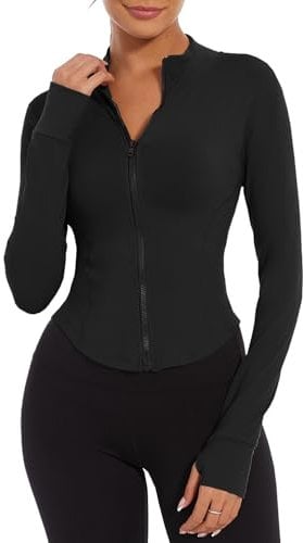 Yutdeng Laufjacke Damen Enge Sportjacke Damen Jacke Yoga Langarm Leicht Trainingsjacke Full Zip Sweatjacke Fitness Atmungsaktive Gym Top Crop Sport Running Shirt mit Reißverschluss Daumenloch Slim Fit
