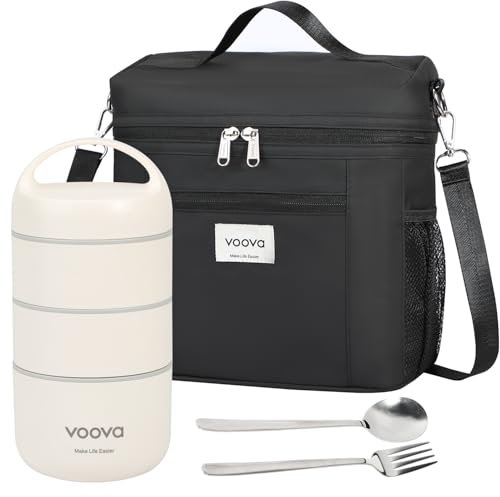 Voova Stackable Stainless Steel Lunch Box with Insulated Lunch Bag and Cultery Set for Kids Adult Women Men, 3 Tiers Leakproof All-in-One Bento Boxes Food Container for Work School, Black