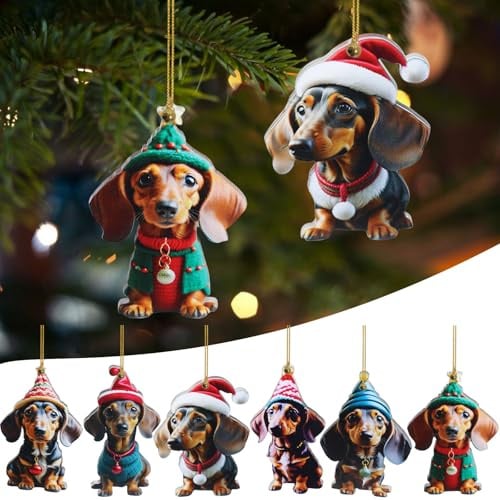6 Stück Dackel Weihnachtsbaumschmuck, Dackel Weihnachtskugeln, 2D Baumschmuck Weihnachten, Acryl Weihnachtsanhänger, Flat Dachshund Tannenbaumschmuck, Christbaumschmuck Weihnachtsdeko Anhänger