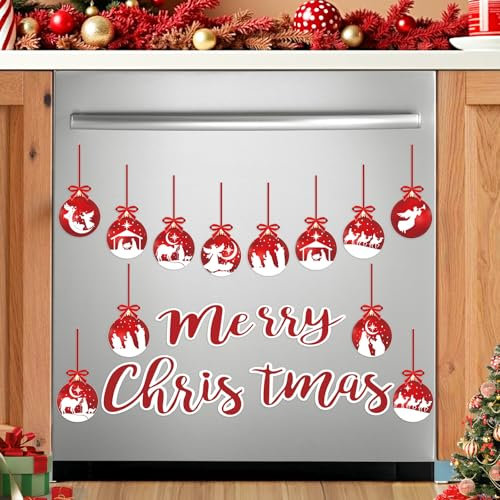 MOORIIY Christmas Garage Door Magnets Decorations Merry Christmas Ball Garage Door Magnetic Stickers Xmas Garage Door Magnets Religious Christmas Fridge Magnets Refrigerator Decorations (Red White)