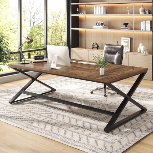 IBF Großer Schreibtisch Für Homeoffice Extra Langer Computertisch Holz Metall Breiter Arbeitstisch Für Studium Schreiben Gaming Schreibtische PC Tisch Rustikal Braun 200 cm