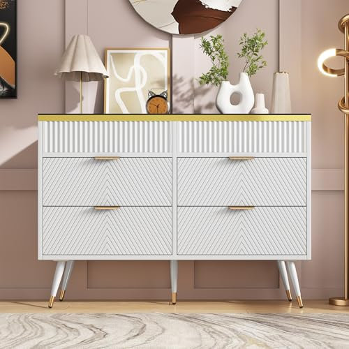 Kommode Sideboard mit 6 Schubladen und Glas Tischplatte, Modern Weiß Schubladenschrank Aufbewahrungsschrank Komodenschrank mit Texturierte Oberfläche und Metallgriffen für Wohnzimmer Schlafzimmer
