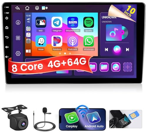 Fuluku 8 Core 4+64G Doppio Din Autoradio Android 13 Stereo【Supporto SIM Card】con Wireless Carplay Android Auto 10.1” Autoradio Bluetooth 5.0/GPS/Telecamera di Backup/FM/AM/RDS/WiFi/SWC/EQ/DSP