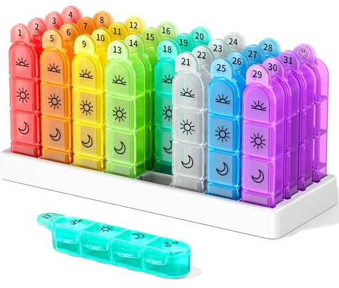 Colorwing Tablettenbox 31 Tage – Tablettenbox Monat für 4-mal tägliche Einnahme(Morgen/Mittag/Abend/Nacht), Medikamentenbox Monat mit 32 abnehmbaren Fächern, ideal für Vitamine und Medikamente