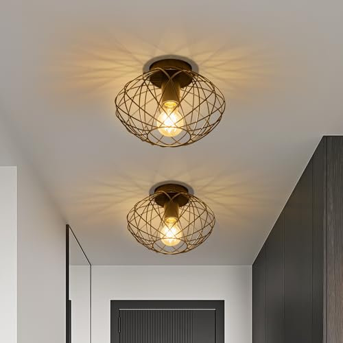 Glitzerlife Deckenleuchte Retro Flurlampe Vintage Schwarz - 2ER Deckenlampe E27 Industrial 1 Flammig Retro Metall Lampenschirm Runde Küchenlampe Decke Korride Wohnzimmer Schlafzimmer Ø 25cm