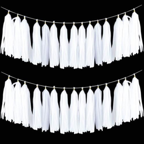 Ainmto 15 Stück Seidenpapier Quasten Girlande, Papier Quasten Banner für Party Dekorationen–(Weiß)