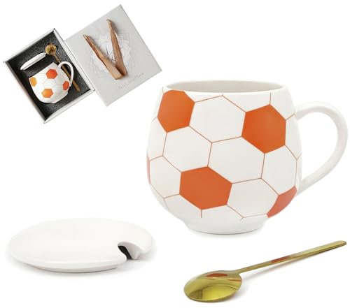 Ceramic Coffee Mug 13.5 oz Cute Mugs with Lid and Spoon, Funny Mugs Cereal Bowl Soccer Gifts for Coaches Fans Players, Gag Sports Cool Stuff Cups Soccer Mom Unique Teacups Retirement Gifts, Orange