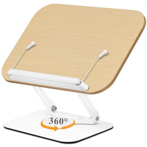 CIGAA Book Stand for Reading, Adjustable Book Holder with 360°Rotation Base, Foldable Cookbook Stand Recipe Book Holder with Elastic Page Clips for Textbook, Recipe, Magazines, Music Scores, Laptop