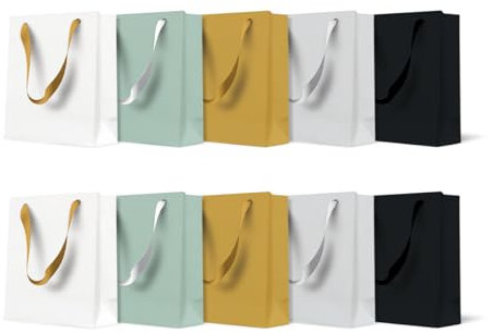 PAW - Geschenktüten 10 x 12 x 6,5cm - 10 Stück Kleine Geschenktaschen mit Stoffhenkeln | Mix aus 5 Uni-Farben | Elegante Taschen für Geburtstage, Hochzeiten, Babypartys, Partys und Geschenke