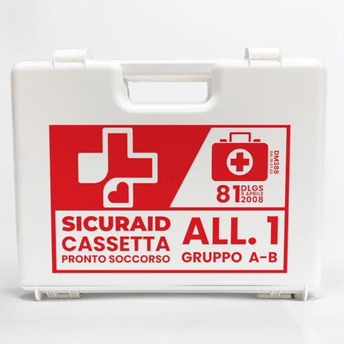 SICURAID Cassetta Pronto Soccorso Aziendale Allegato 1 Gruppo A B con Cartello Segnaletico e Viti– Kit Emergenza Conforme D.M. 388/2003 per Uffici, Aziende, Cantieri >3 Dipendenti
