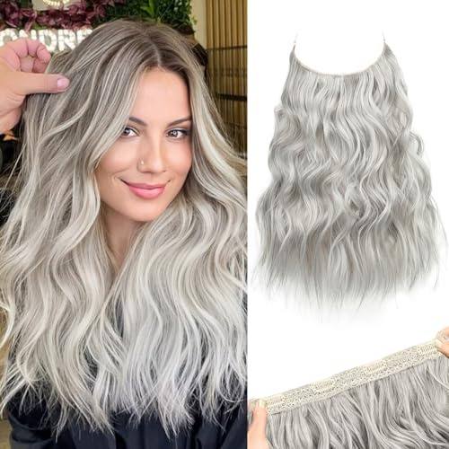 REECHO Secret Clip in Extensions - Invisible Wire Haarverlängerungen Kurz & lockig-wellig in Hair Extensions Synthetisches Haarteil mit natürlichem Look für Frauen - Silbergrau