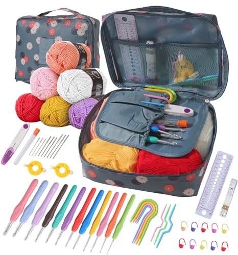 Ktmeor 48 Stück Crochet Kits für Anfänger Erwachsene, Stricken Starter Kit für Erwachsene, 2.0 mm - 8.0 mm Ergonomische Häkelnadeln Set mit Fall und Stricken Zubehör, Häkelnadel Set Kinder
