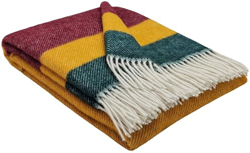STTS International Wolldecke 100% Schurwolle Wohndecke 140 x 200 cm Tagesdecke Schurwolldecke Woll-Plaid Tirol in vielen Farben erhältlich (Senf-Rot-Grün (Streifen))