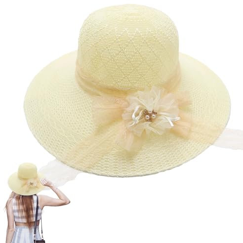 Straw Sun Hat for Women Foldable Floppy Straw Hats Wide Brim Summer Beach Hat with Bow Sunhats for Ladies Outdoor Travel Holiday UPF 50+ (UK, Alpha, S, XXL, Standard, White)