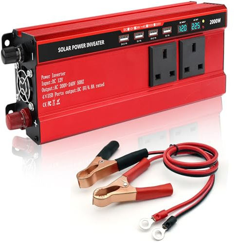 2000W Power Inverter 12V to 240V - Car Inverter DC 12V to AC 240V UK with LED Display, with 3 UK Sockets and 4 USB for Outdoor Activities and Travel