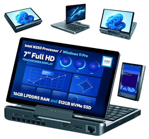 GPD MicroPC 2 Windows 11 PRO Mini laptop portatile con display da 7 1080P | Processore Intel N250, grafica UHD; 16GB LPDDR5, SSD NVMe da 512GB; Ethernet 2,5G, USB-C, HDMI 2.1, Wi-Fi 6, BT 5.2