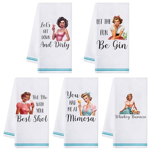 GROBRO7 5 Stück Küchentücher Geschirrtücher, Lustige Witze Thema Küchenhandtuch, Retro Cocktails Absorbierende Trockentücher Bar Handtücher für Mutter Frauen Weihnachten Einweihungsgeschenk, 40x60 cm