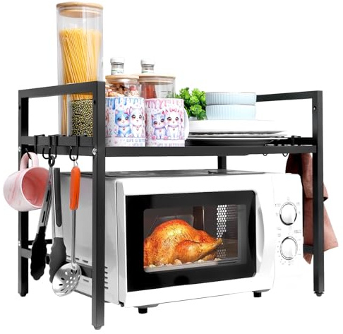 Étagère Micro-ondes Réglable 2 Niveaux, Support Extensible en Acier au Carbone avec 8 Crochets, 1 Porte-ustensiles, Porte-Micro-Ondes, Organisateur de Cuisine pour Plan de Travail et Rangement