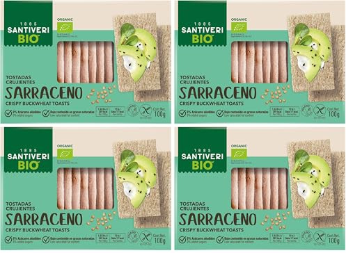 SANTIVERI - Tostadas Trigo Sarraceno Bio, Tostadas Ecológicas, Crujientes y Ligeras, Sin Azúcares Añadidos, Sin Gluten, Vegano - 100 g (Paquete de 4)