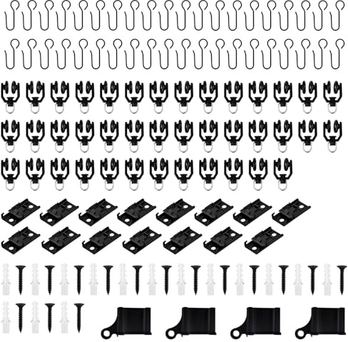 114Stück Gardinenschienen Zubehör,geräuschlose Rolle,Endabdeckungen,Metall Vorhang Haken, Vorhanggleiter, Deckenhalterung für Vorhangschienen -schwarz