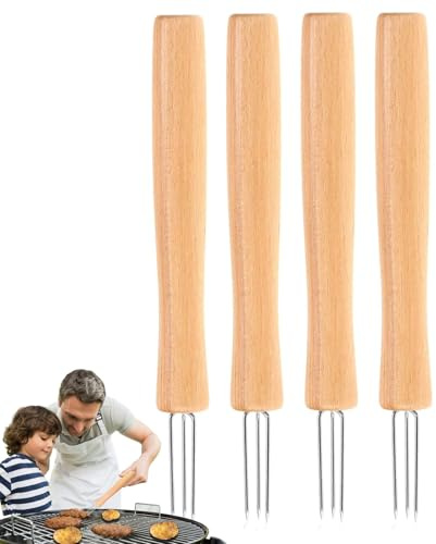 Ferme épis pour le maïs | Fourchette de cuisine à 3 branches avec poignée en bois | Lot de 4 brochettes pour épis | pour fêtes camping grillées et barbecue à la maison