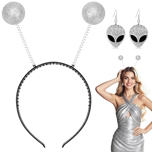 Ufdeoton Alien Haarreif Silber mit Glitzer Disco Kugeln Space Haarreif Alien Kopfschmuck Kostüm Accessoire für Karneval, Fasching und Halloween