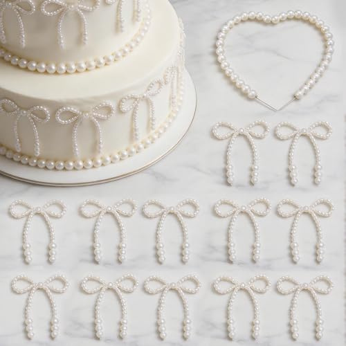 11Pcs Pearl Cake Bows and Heart Decorations - Elegant White Bow Cake Topper Set for Birthday Wedding Party Decor