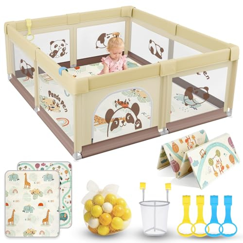 SOFTHOM Laufstall Baby 150x180, Laufgitter Baby inkl Matratze&60 Bälle | Baby Laufstall mit Atmungsaktivem Netz&Rutschfester Basis, Langlebig Oxford-Stoff, Indoor Spielplatz mit Ballkorb&4 Zugring