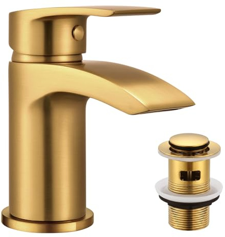 Funime Basin Taps Mixers Waterfall Gold with Slotted Pop-up Waste Bathroom Sink Mixer Tap Mono 1 Hole Single Lever Modern with G1/2'' Hoses Brushed Gold Round Cloakroom Taps Hot and Cold Water Mixer