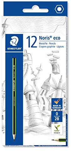 STAEDTLER Bleistift Noris eco, hohe Bruchfestigkeit, rutschfeste Soft-Oberfläche, Wopex-Material, Härtegrad 2B, Kartonetui mit 12 Stück, 180 30-2B