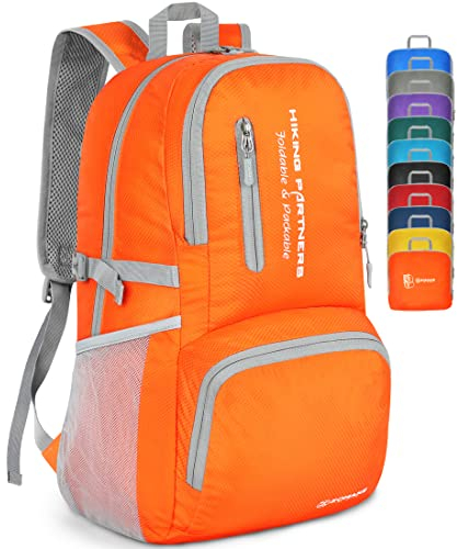 ZOMAKE Leicht Faltbarer Rucksack Packbare Backpacks 35L,Kleiner Rucksäcke Wanderrucksack Wasserdicht Rucksäcke für Damen Herren Outdoor Wandern(Orange)