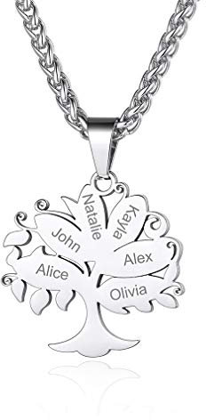 Custom4U Collier Personnalisé 6 Prénoms, Pendentif Arbre de Vie en Acier Inoxydable,Bijoux Gravé Noms de Famille,Enfants,Chaine Ajustable 55+5 cm,Cadeau Anniversaire Femme Maman,Grand Mère