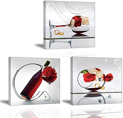 Piy Painting 3x Tableau de Verre à Vin Rouge avec Fleur de Roses - Impression sur Toile - Photo avec Cadre Prêt Accrocher Image pour Salle de Bain Chambre Décor Mural Cadeau 30x30cm chez
