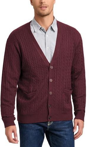 Kallspin Men’s Wool Blend Cardigan Sweater Cable Knit V Neck Button Front Casual Knitwear Jumper(Burgundy Red, Large)
