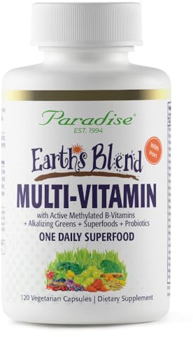 Paradise Herbs Earth's Blend Once Daily Multivitamin with Iron, 48 Organic Superfoods, Probiotics, Antioxidants, Vitamins A, B12, C, D, K2, 120 Capsules