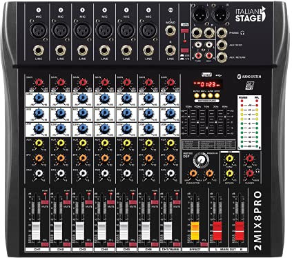 Italian Stage IS 2MIX8PRO - Mixer audio stereo 8 canali + DSP Multi FX, Lettore/registratore USB integrato e Bluetooth, Nero