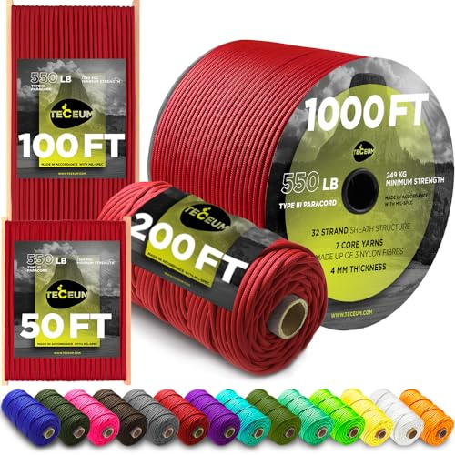 TECEUM Paracord Rope Type III 550 – Tactical MIL-SPEC – Outdoor Para Cord | Red (Fire), 305m, Clothesline, Camping Fishing Gear and Equipment, DIY, Parachute Cord 4mm, Strong Survival Utility Rope
