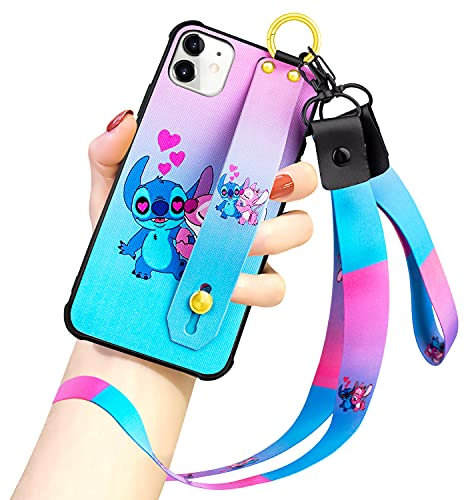 Cartoon Case for iPhone 11 Case 6.1 Inch Cute Stitch Cartoon Character Design with Lanyard Wrist Strap Band Holder Shockproof Protection Bumper Kickstand Cover for iPhone 11