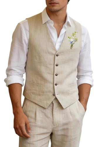 Aowdoy Herrenanzug aus Leinen, 2-teilig, schmale Passform, für Abschlussball, Strand, Hochzeit, Bräutigam, Weste, Hose, Set, lässig, Sommer, Leinen-Outfit