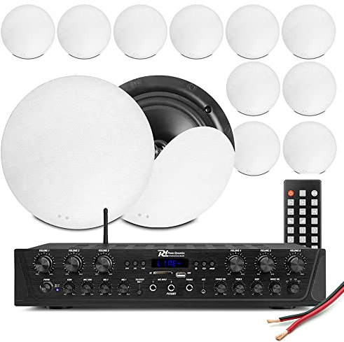 Power Dynamics Multi Room Ceiling Speaker System PV260BT Bluetooth Amplifier & 12x NCSS5 5.25-inch Speakers Kit with USB/SD, Wired Audio, Home Audio Installation