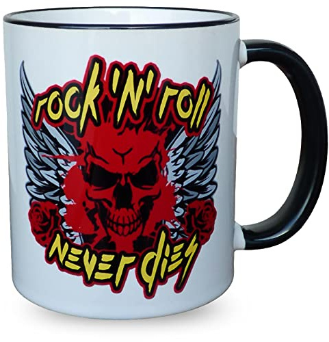 Fördeblau Totenkopf Kaffeetasse im Hard Rock Stil, Keramikbecher mit Spruch, Geschenk für Musikfans, 330 ml