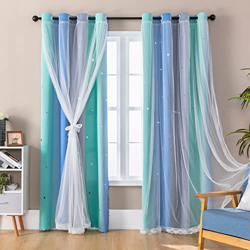XiDi Dream Star Verdunkelungsvorhänge für Kinderzimmer, Mädchen, Prinzessinnen-Vorhang für Tochter, Schlafzimmer, Fenster (Blau, Grün, Grau, B 52 x L 96)