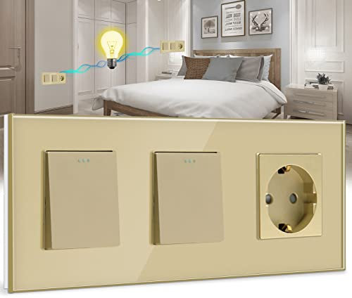 BSEED Doble Interruptor de pared con Enchufe,1 Gang 2 Vías Interruptor conmutador+16A Schuko Enchufe,10A Oro Interruptor de luz de botón pulsador con marco de cristal,Enchufes de pared para Cocina