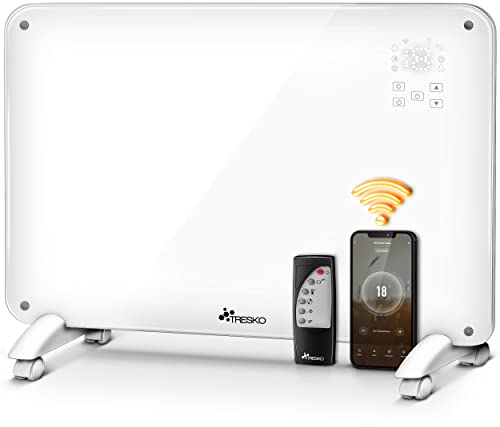 TRESKO Glaskonvektor Glasheizung 2000W APP WiFi | Elektroheizung elektrisch inkl. Fernbedienung | Konvektor Heizung Heizkörper Touch & LCD-Display | Elektroheizkörper Stand- oder Wandgerät